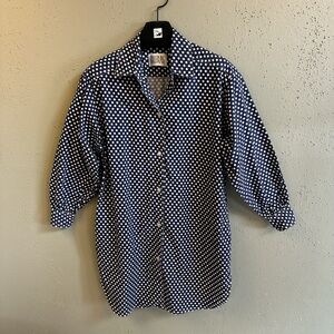 Bill Blass Navy Polka Dot Shirt Dress. Unlined with side pockets